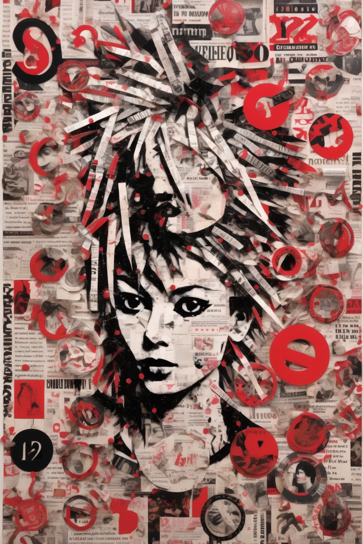 <lora:Punk Collage:1>Punk Collage - black, white and red, flat, 2D punk rock poster made up of magazine clippings that rep...